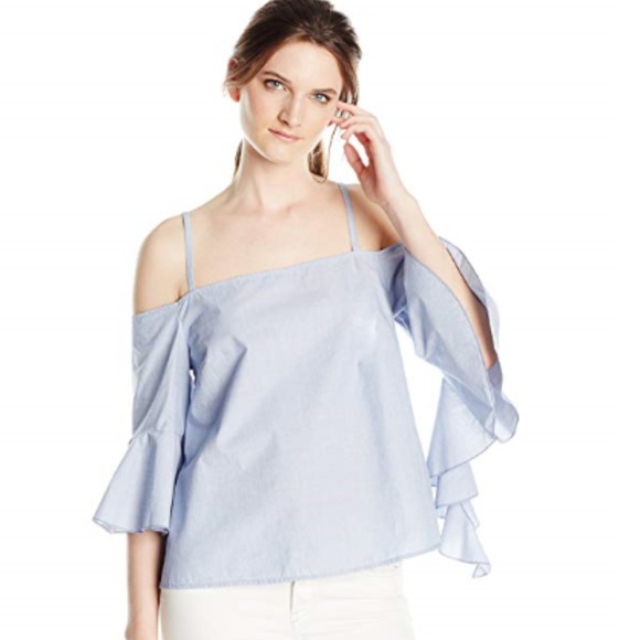 Kensie Tops - New Kensie Oxford Cold Shoulder Drape Sleeved Top